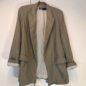 EUC ZARA Longline Linen Blazer Jacket Beige Neutral Oversized Size Small